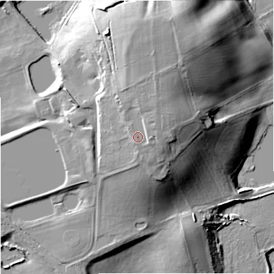 Shaded relief map of the ground around WR66NH, computed from Environment Agency LiDAR. The ground here sits at about 44 m above sea level and falls 32 m across the surrounding 800 m. Surface water reaching this point runs off ground lying to the east-north-east, 2.2 m higher.