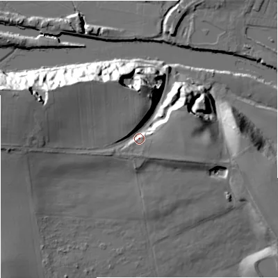 Shaded relief map of the ground around WR66NL, computed from Environment Agency LiDAR. The ground here sits at about 38 m above sea level and falls 36 m across the surrounding 800 m. Surface water reaching this point runs off ground lying to the west-north-west, 14.7 m higher.