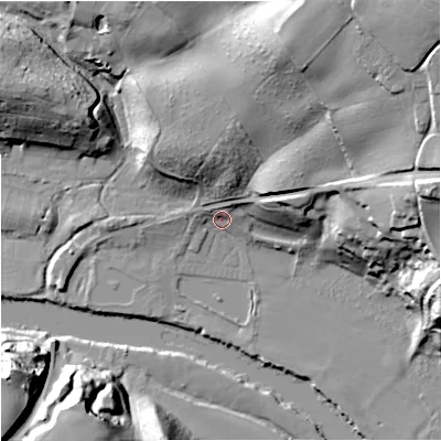 Shaded relief map of the ground around WR66NN, computed from Environment Agency LiDAR. The ground here sits at about 18 m above sea level and falls 49 m across the surrounding 800 m. Surface water reaching this point runs off ground lying to the north-north-east, 5.8 m higher.
