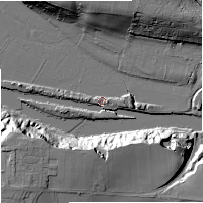 Shaded relief map of the ground around WR66NP, computed from Environment Agency LiDAR. The ground here sits at about 17 m above sea level and falls 36 m across the surrounding 800 m. Surface water reaching this point runs off ground lying to the south-west, 3.9 m higher.