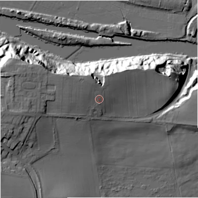 Shaded relief map of the ground around WR66NR, computed from Environment Agency LiDAR. The ground here sits at about 45 m above sea level and falls 36 m across the surrounding 800 m. Surface water reaching this point runs off ground lying to the north-west, 3.6 m higher.