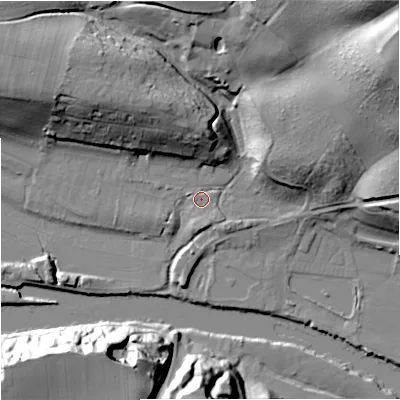 Shaded relief map of the ground around WR66NW, computed from Environment Agency LiDAR. The ground here sits at about 18 m above sea level and falls 41 m across the surrounding 800 m. Surface water reaching this point runs off ground lying to the north-east, 36.8 m higher.