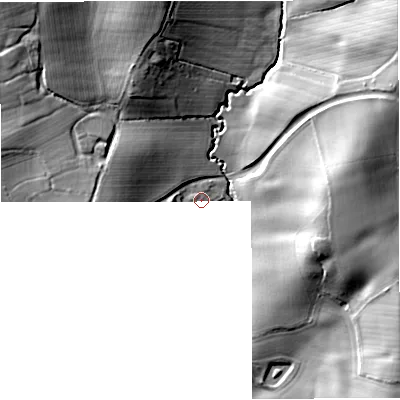 Shaded relief map of the ground around WR66QG, computed from Environment Agency LiDAR. The ground here sits at about 72 m above sea level and falls 23 m across the surrounding 800 m. Surface water reaching this point runs off ground lying to the west, 4.4 m higher.