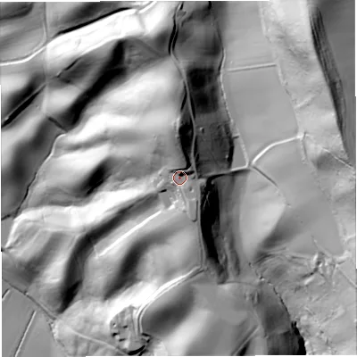Shaded relief map of the ground around WR66RE, computed from Environment Agency LiDAR. The ground here sits at about 107 m above sea level and falls 130 m across the surrounding 800 m. Surface water reaching this point runs off ground lying to the north-north-east, 9.1 m higher.