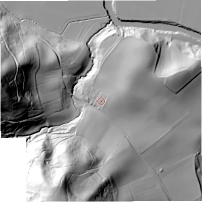 Shaded relief map of the ground around WR66RP, computed from Environment Agency LiDAR. The ground here sits at about 56 m above sea level and falls 113 m across the surrounding 800 m. Surface water reaching this point runs off ground lying to the east, 5.2 m higher.