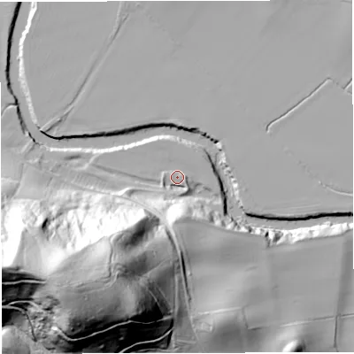 Shaded relief map of the ground around WR66RR, computed from Environment Agency LiDAR. The ground here sits at about 36 m above sea level and falls 88 m across the surrounding 800 m. Surface water reaching this point runs off ground lying to the south, 22.8 m higher.