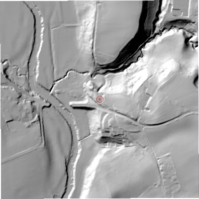 Shaded relief map of the ground around WR66RU, computed from Environment Agency LiDAR. The ground here sits at about 57 m above sea level and falls 57 m across the surrounding 800 m. Surface water reaching this point runs off ground lying to the east-south-east, 17.7 m higher.