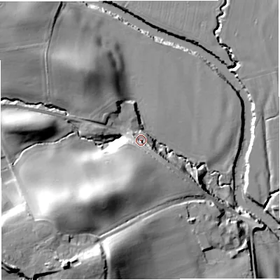 Shaded relief map of the ground around WR66SP, computed from Environment Agency LiDAR. The ground here sits at about 45 m above sea level and falls 35 m across the surrounding 800 m. Surface water reaching this point runs off ground lying to the south, 7.4 m higher.
