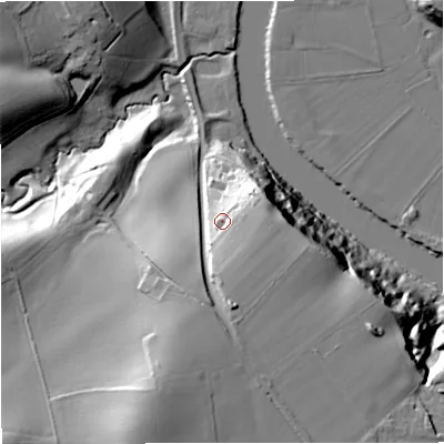 Shaded relief map of the ground around WR66TA, computed from Environment Agency LiDAR. The ground here sits at about 42 m above sea level and falls 42 m across the surrounding 800 m. Surface water reaching this point runs off ground lying to the south-east, 10.8 m higher.