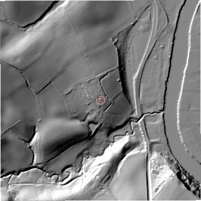 Shaded relief map of the ground around WR66TB, computed from Environment Agency LiDAR. The ground here sits at about 32 m above sea level and falls 39 m across the surrounding 800 m. Surface water reaching this point runs off ground lying to the north-west, 3.1 m higher.