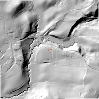 Shaded relief map of the ground around WR66UX, computed from Environment Agency LiDAR. The ground here sits at about 63 m above sea level and falls 59 m across the surrounding 800 m. Surface water reaching this point runs off ground lying to the east, 9.2 m higher.