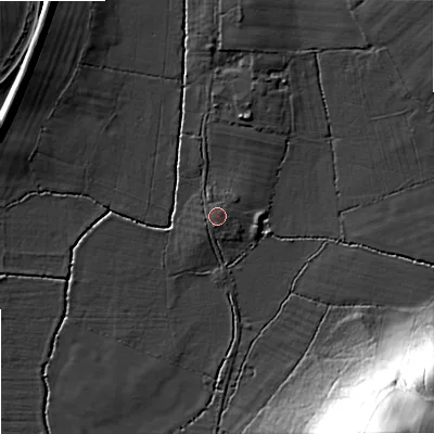 Shaded relief map of the ground around WR74AF, computed from Environment Agency LiDAR. The ground here sits at about 43 m above sea level and falls 32 m across the surrounding 800 m. Surface water reaching this point runs off ground lying to the north-east, 0.6 m higher.