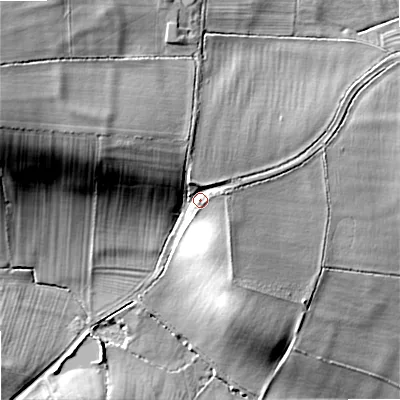 Shaded relief map of the ground around WR74AQ, computed from Environment Agency LiDAR. The ground here sits at about 55 m above sea level and falls 31 m across the surrounding 800 m. Surface water reaching this point runs off ground lying to the west-north-west, 13.6 m higher.