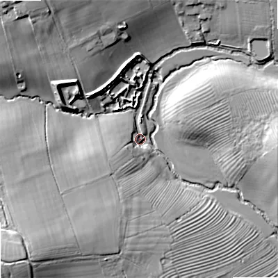 Shaded relief map of the ground around WR74BG, computed from Environment Agency LiDAR. The ground here sits at about 29 m above sea level and falls 29 m across the surrounding 800 m. Surface water reaching this point runs off ground lying to the south-west, 23.9 m higher.