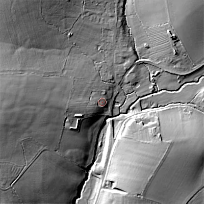 Shaded relief map of the ground around WR74DD, computed from Environment Agency LiDAR. The ground here sits at about 45 m above sea level and falls 25 m across the surrounding 800 m. Surface water reaching this point runs off ground lying to the west, 8.6 m higher.