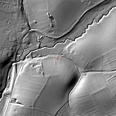 Shaded relief map of the ground around WR74DG, computed from Environment Agency LiDAR. The ground here sits at about 42 m above sea level and falls 15 m across the surrounding 800 m. Surface water reaching this point runs off ground lying to the south-south-west, 12.8 m higher.