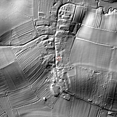 Shaded relief map of the ground around WR74DH, computed from Environment Agency LiDAR. The ground here sits at about 59 m above sea level and falls 23 m across the surrounding 800 m. Surface water reaching this point runs off ground lying to the east-south-east, 2.8 m higher.