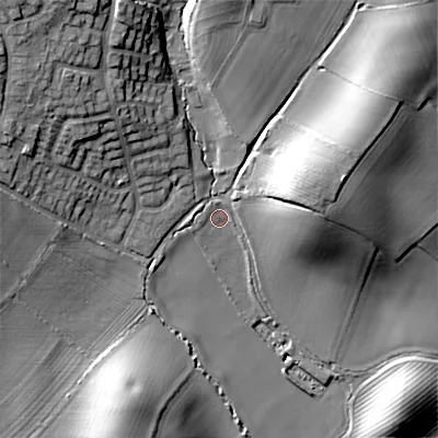 Shaded relief map of the ground around WR74HZ, computed from Environment Agency LiDAR. The ground here sits at about 60 m above sea level and falls 26 m across the surrounding 800 m. Surface water reaching this point runs off ground lying to the east-north-east, 18.2 m higher.