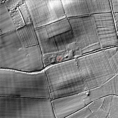 Shaded relief map of the ground around WR74LX, computed from Environment Agency LiDAR. The ground here sits at about 59 m above sea level and falls 11 m across the surrounding 800 m. Surface water reaching this point runs off ground lying to the west, 2.0 m higher.