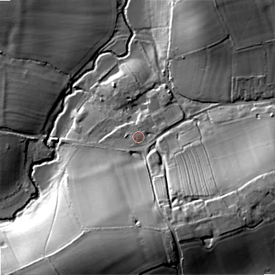 Shaded relief map of the ground around WR74NN, computed from Environment Agency LiDAR. The ground here sits at about 35 m above sea level and falls 21 m across the surrounding 800 m. Surface water reaching this point runs off ground lying to the south-south-east, 15.3 m higher.