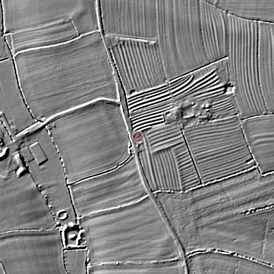 Shaded relief map of the ground around WR74NU, computed from Environment Agency LiDAR. The ground here sits at about 28 m above sea level and falls 6 m across the surrounding 800 m. Surface water reaching this point runs off ground lying to the north, 1.8 m higher.