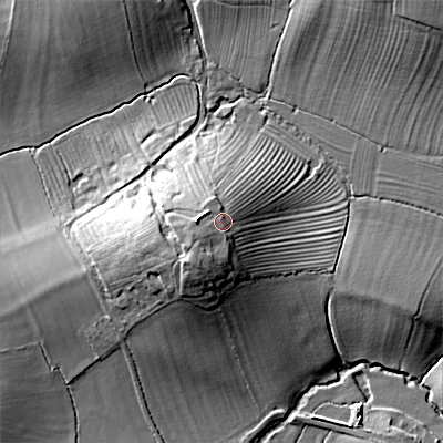 Shaded relief map of the ground around WR74PG, computed from Environment Agency LiDAR. The ground here sits at about 48 m above sea level and falls 17 m across the surrounding 800 m. Surface water reaching this point runs off ground lying to the west, 3.4 m higher.