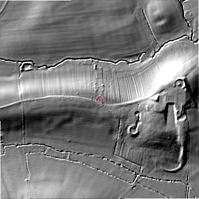 Shaded relief map of the ground around WR74RB, computed from Environment Agency LiDAR. The ground here sits at about 41 m above sea level and falls 19 m across the surrounding 800 m. Surface water reaching this point runs off ground lying to the west, 1.7 m higher.