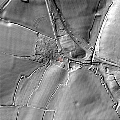 Shaded relief map of the ground around WR74RJ, computed from Environment Agency LiDAR. The ground here sits at about 26 m above sea level and falls 13 m across the surrounding 800 m. Surface water reaching this point runs off ground lying to the south-west, 8.0 m higher.