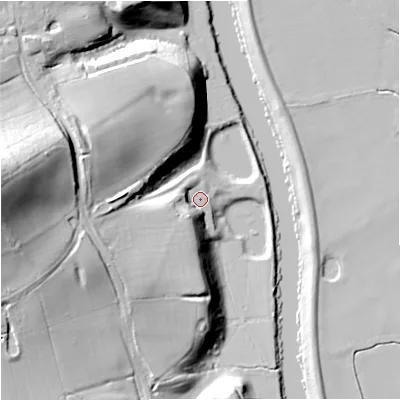 Shaded relief map of the ground around WR80AE, computed from Environment Agency LiDAR. The ground here sits at about 15 m above sea level and falls 45 m across the surrounding 800 m. Surface water reaching this point runs off ground lying to the west-south-west, 14.2 m higher.