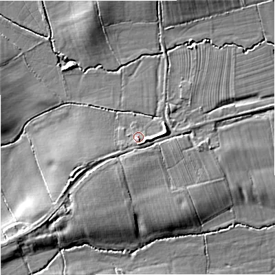 Shaded relief map of the ground around WR80AH, computed from Environment Agency LiDAR. The ground here sits at about 24 m above sea level and falls 7 m across the surrounding 800 m. Surface water reaching this point runs off ground lying to the south, 1.3 m higher.