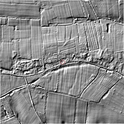 Shaded relief map of the ground around WR80AS, computed from Environment Agency LiDAR. The ground here sits at about 28 m above sea level and falls 9 m across the surrounding 800 m. Surface water reaching this point runs off ground lying to the west, 3.4 m higher.