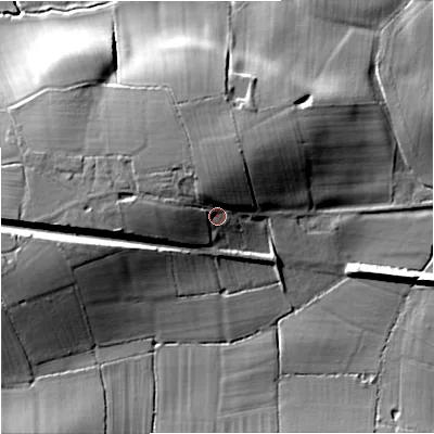 Shaded relief map of the ground around WR80BB, computed from Environment Agency LiDAR. The ground here sits at about 32 m above sea level and falls 21 m across the surrounding 800 m. Surface water reaching this point runs off ground lying to the west, 8.3 m higher.