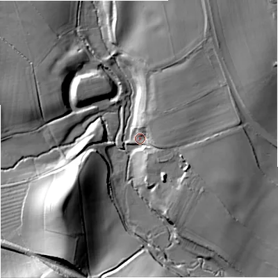 Shaded relief map of the ground around WR80BD, computed from Environment Agency LiDAR. The ground here sits at about 14 m above sea level and falls 26 m across the surrounding 800 m. Surface water reaching this point runs off ground lying to the north-north-east, 9.2 m higher.