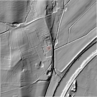 Shaded relief map of the ground around WR80BW, computed from Environment Agency LiDAR. The ground here sits at about 15 m above sea level and falls 13 m across the surrounding 800 m. Surface water reaching this point runs off ground lying to the south-south-east, 0.9 m higher.