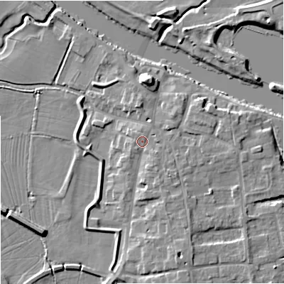 Shaded relief map of the ground around WR80HA, computed from Environment Agency LiDAR. The ground here sits at about 15 m above sea level and falls 9 m across the surrounding 800 m. Surface water reaching this point runs off ground lying to the south-east, 1.3 m higher.