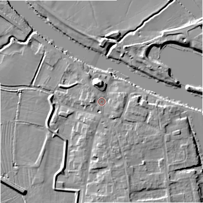 Shaded relief map of the ground around WR80HB, computed from Environment Agency LiDAR. The ground here sits at about 14 m above sea level and falls 9 m across the surrounding 800 m. Surface water reaching this point runs off ground lying to the south, 2.8 m higher.