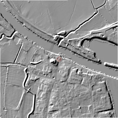 Shaded relief map of the ground around WR80HF, computed from Environment Agency LiDAR. The ground here sits at about 13 m above sea level and falls 9 m across the surrounding 800 m. Surface water reaching this point runs off ground lying to the west-south-west, 5.4 m higher.