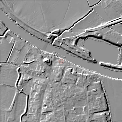 Shaded relief map of the ground around WR80HG, computed from Environment Agency LiDAR. The ground here sits at about 12 m above sea level and falls 9 m across the surrounding 800 m. Surface water reaching this point runs off ground lying to the west, 8.0 m higher.