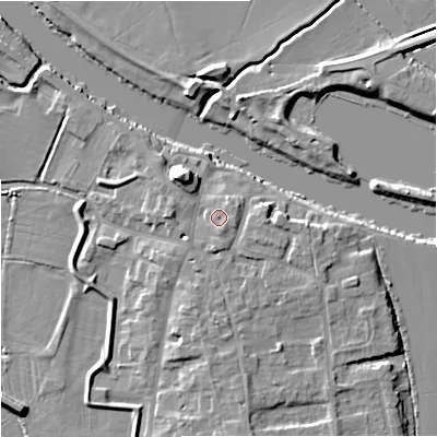 Shaded relief map of the ground around WR80HH, computed from Environment Agency LiDAR. The ground here sits at about 14 m above sea level and falls 9 m across the surrounding 800 m. Surface water reaching this point runs off ground lying to the south-south-east, 1.6 m higher.