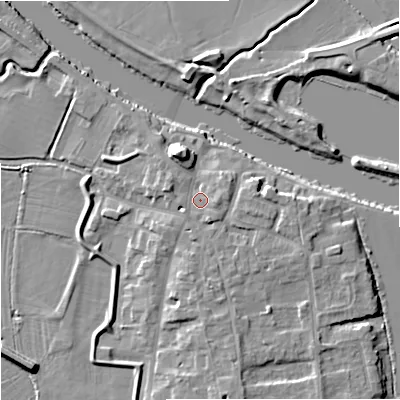 Shaded relief map of the ground around WR80HJ, computed from Environment Agency LiDAR. The ground here sits at about 14 m above sea level and falls 9 m across the surrounding 800 m. Surface water reaching this point runs off ground lying to the south, 2.2 m higher.
