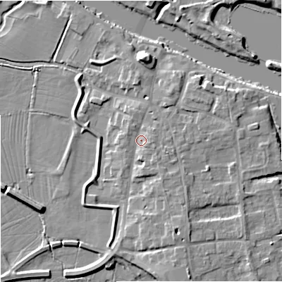 Shaded relief map of the ground around WR80HN, computed from Environment Agency LiDAR. The ground here sits at about 15 m above sea level and falls 9 m across the surrounding 800 m. Surface water reaching this point runs off ground lying to the south-east, 2.0 m higher.