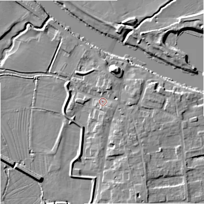 Shaded relief map of the ground around WR80HP, computed from Environment Agency LiDAR. The ground here sits at about 14 m above sea level and falls 9 m across the surrounding 800 m. Surface water reaching this point runs off ground lying to the north-north-east, 2.6 m higher.