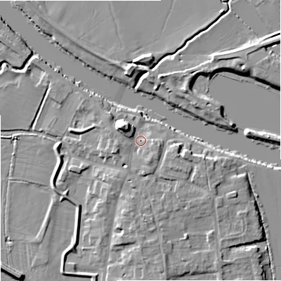 Shaded relief map of the ground around WR80HQ, computed from Environment Agency LiDAR. The ground here sits at about 13 m above sea level and falls 9 m across the surrounding 800 m. Surface water reaching this point runs off ground lying to the north-west, 4.8 m higher.