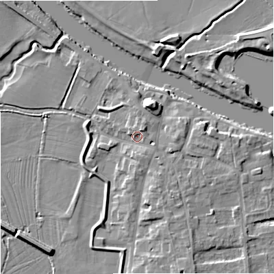 Shaded relief map of the ground around WR80HR, computed from Environment Agency LiDAR. The ground here sits at about 14 m above sea level and falls 9 m across the surrounding 800 m. Surface water reaching this point runs off ground lying to the north-east, 2.6 m higher.