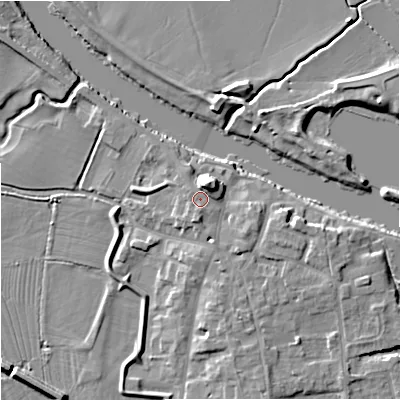 Shaded relief map of the ground around WR80HT, computed from Environment Agency LiDAR. The ground here sits at about 14 m above sea level and falls 9 m across the surrounding 800 m. Surface water reaching this point runs off ground lying to the north-north-east, 4.4 m higher.