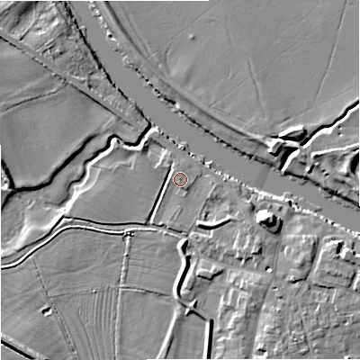 Shaded relief map of the ground around WR80HU, computed from Environment Agency LiDAR. The ground here sits at about 13 m above sea level and falls 9 m across the surrounding 800 m. Surface water reaching this point runs off ground lying to the south-south-west, 1.7 m higher.