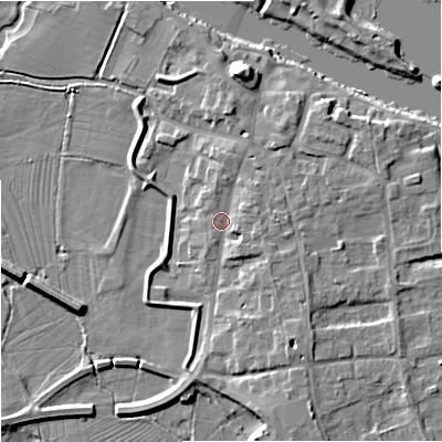 Shaded relief map of the ground around WR80HW, computed from Environment Agency LiDAR. The ground here sits at about 14 m above sea level and falls 9 m across the surrounding 800 m. Surface water reaching this point runs off ground lying to the east-south-east, 2.4 m higher.