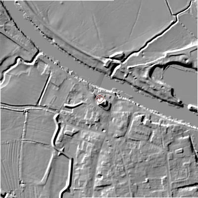 Shaded relief map of the ground around WR80HX, computed from Environment Agency LiDAR. The ground here sits at about 13 m above sea level and falls 9 m across the surrounding 800 m. Surface water reaching this point runs off ground lying to the south-south-east, 5.9 m higher.