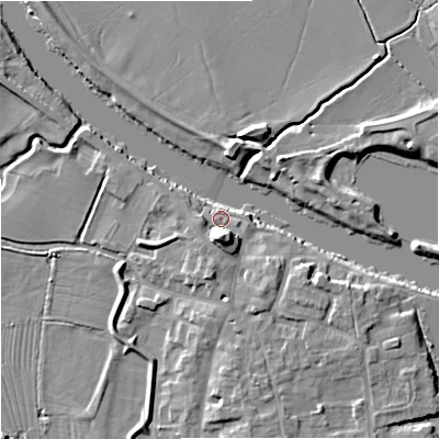 Shaded relief map of the ground around WR80HY, computed from Environment Agency LiDAR. The ground here sits at about 12 m above sea level and falls 9 m across the surrounding 800 m. Surface water reaching this point runs off ground lying to the south, 6.2 m higher.