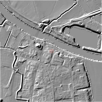 Shaded relief map of the ground around WR80HZ, computed from Environment Agency LiDAR. The ground here sits at about 14 m above sea level and falls 9 m across the surrounding 800 m. Surface water reaching this point runs off ground lying to the south, 3.6 m higher.